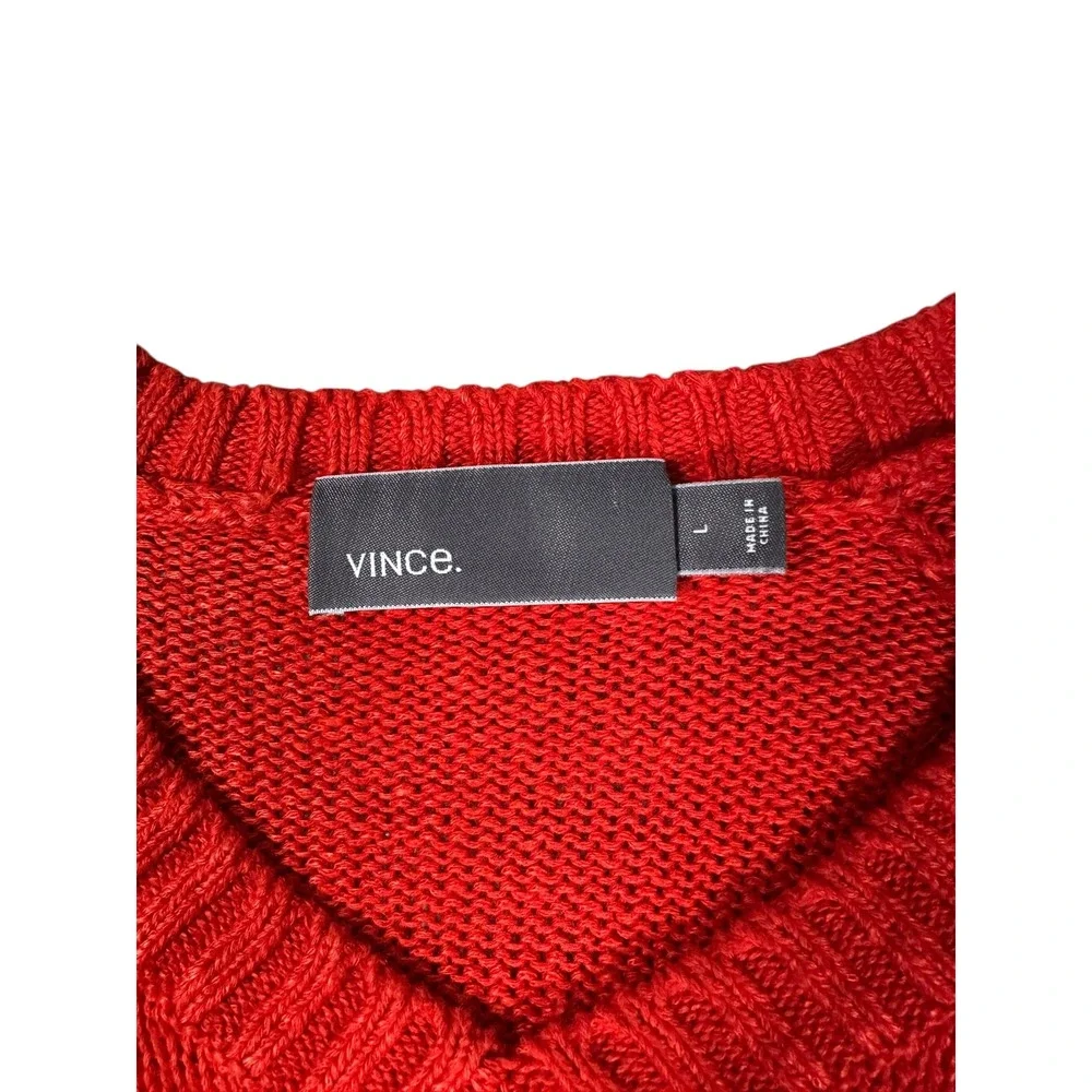 Vince 100% Linen V-Neck Sweater Mens L Red Orange Quiet Luxury Summer Knit